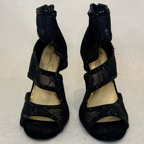 Jessica Simpson Shoes - Jessica Simpson strappy black mesh lace and rhinestone heels with zipper detail